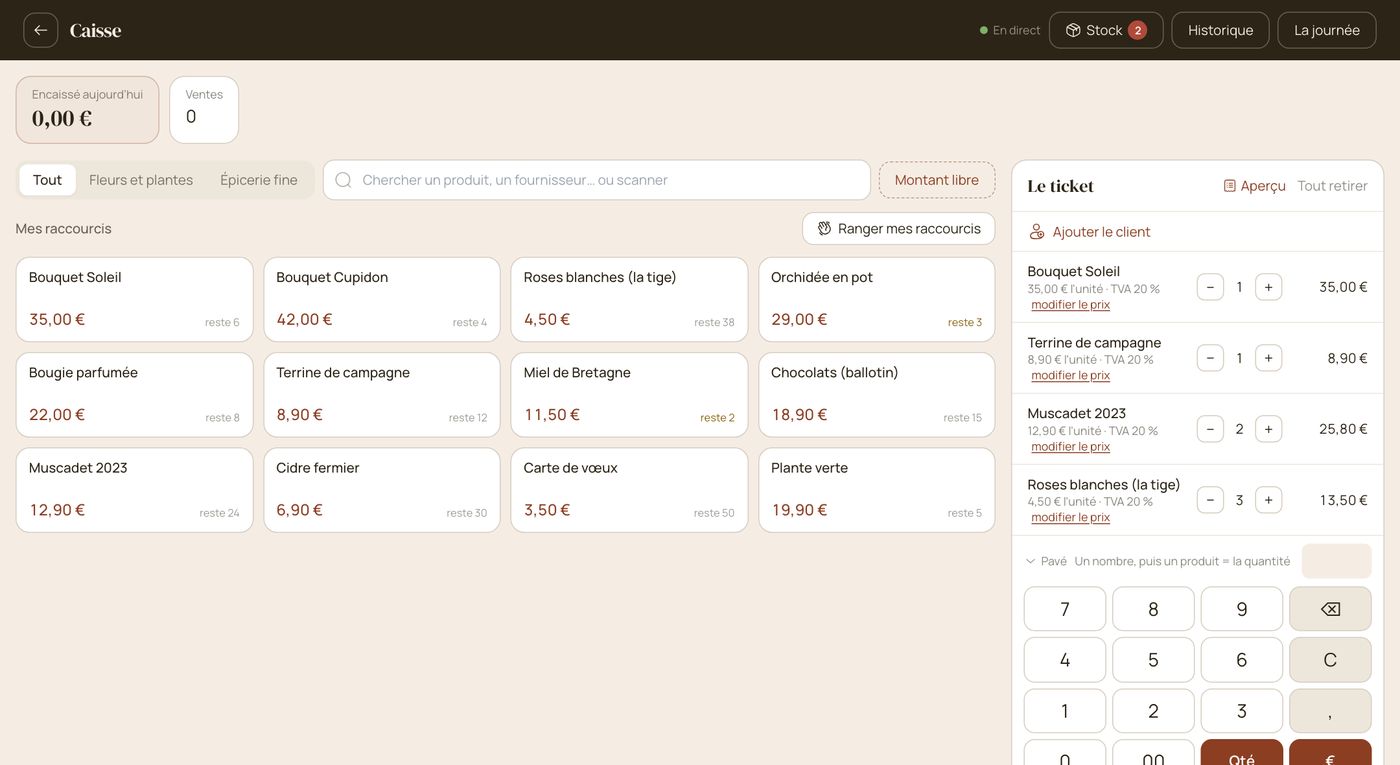 La caisse de la boutique : les produits des deux commerces, le stock restant et le ticket en cours